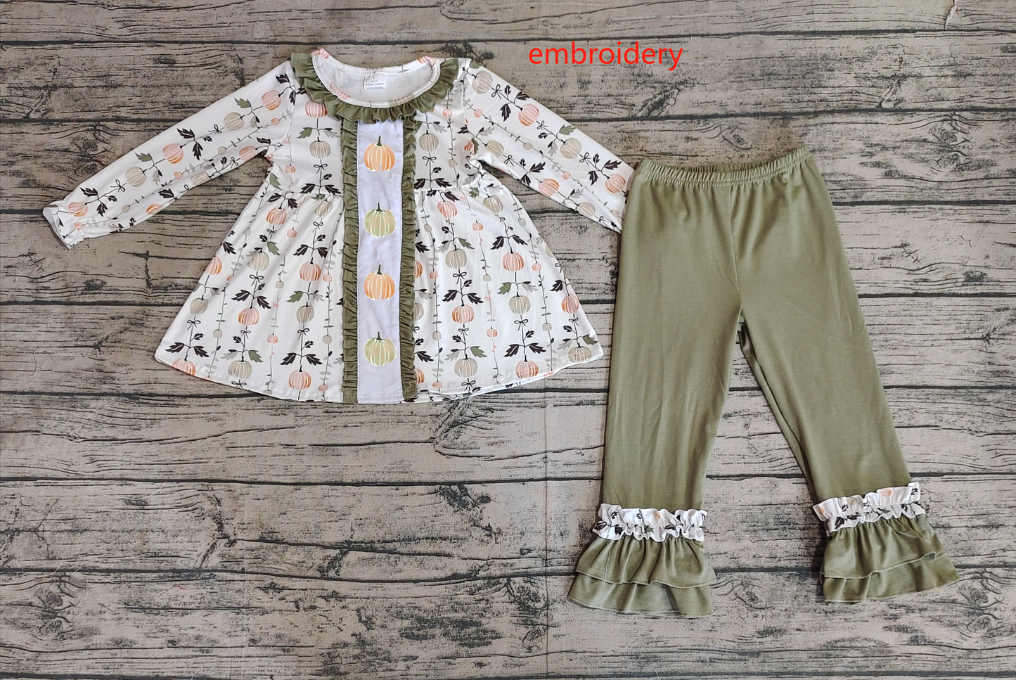 GLP1499 Embroidered pumpkin leaf lace white and green long-sleeved trousers suit