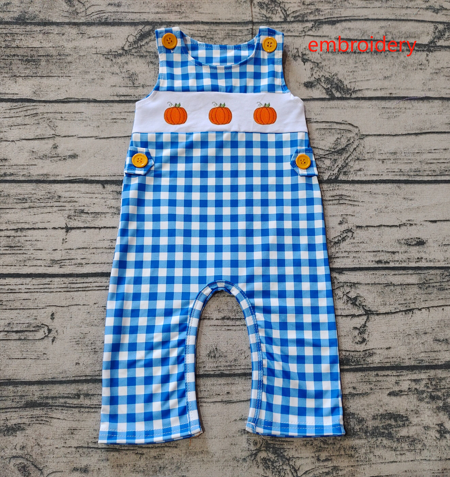 SR1949 Embroidered pumpkin blue plaid sleeveless jumpsuit