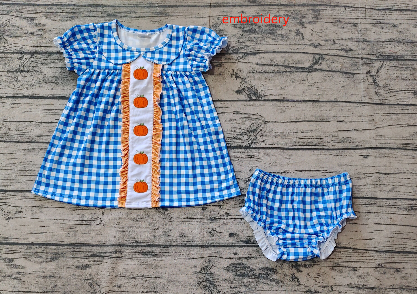 GBO0431 Embroidered pumpkin blue plaid doll collar short-sleeved briefs set