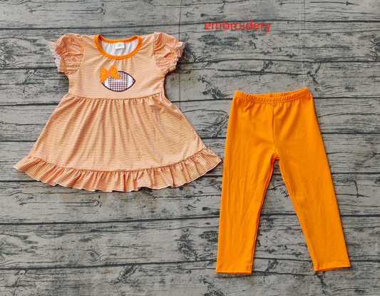 GSPO1674 Embroidered orange bow rugby striped short-sleeved trousers suit