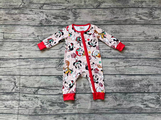 LR1335 Mickey Donald Duck Christmas Red Zip Long Sleeve Jumpsuit