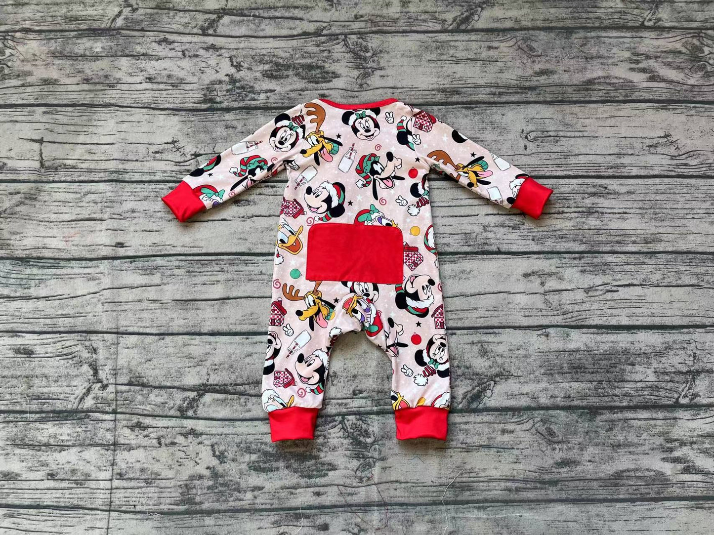 LR1335 Mickey Donald Duck Christmas Red Zip Long Sleeve Jumpsuit