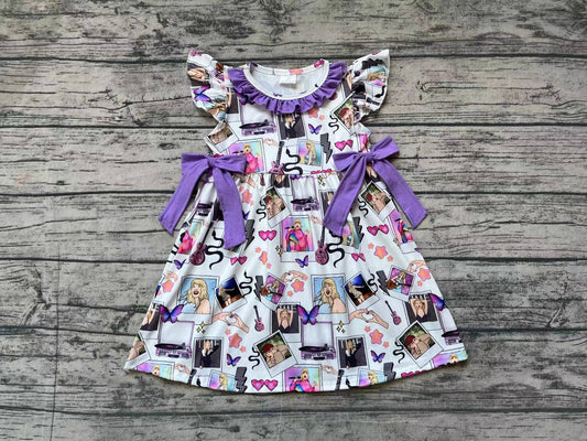 GSD1030 taylor swift blue and purple lace bow flying sleeve dress