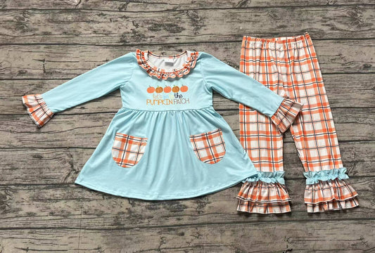 GLP1349 pumpkin patch pumpkin orange plaid pocket lace blue long sleeve trousers suit