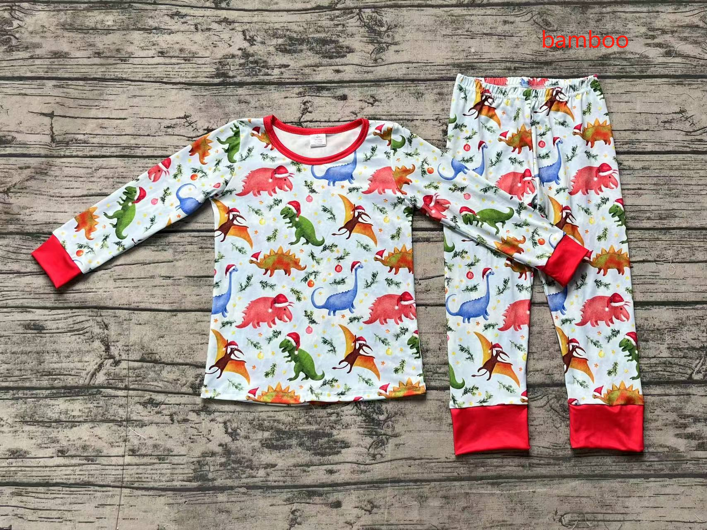 BLP0664 Bamboo Christmas Dinosaur Blue Long Sleeve Long Pants Pajama Set