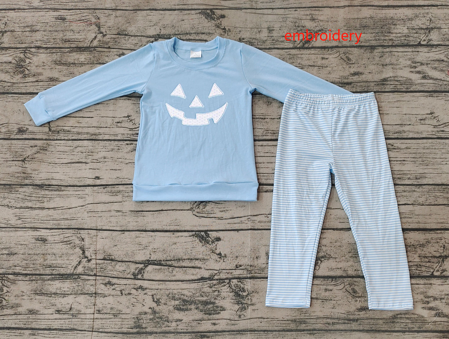 BLP0610 Embroidered Boys Halloween Smiley Face Pink Long Sleeve Striped Pants Suit