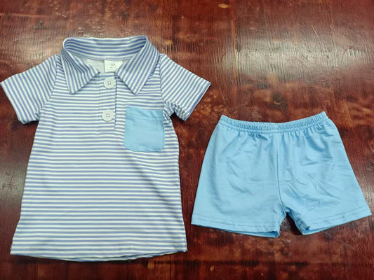 5.2 Blue striped pocket short-sleeved suit