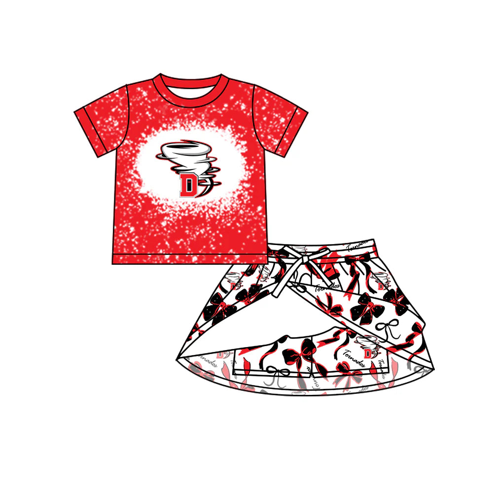 7.4Preorder (moq 5)Baby Girls Short Sleeves Tornados Top Bows Skorts Team Sets