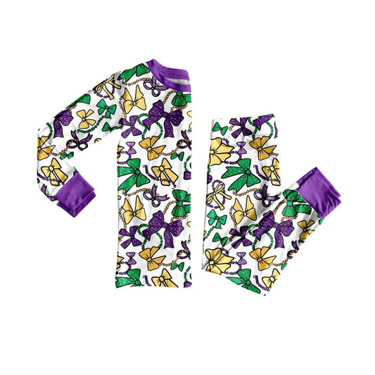 X925Preorder (moq 5)Baby Girls Purple Yellow Green Bows Top Pants Mardigras Pajamas Sets