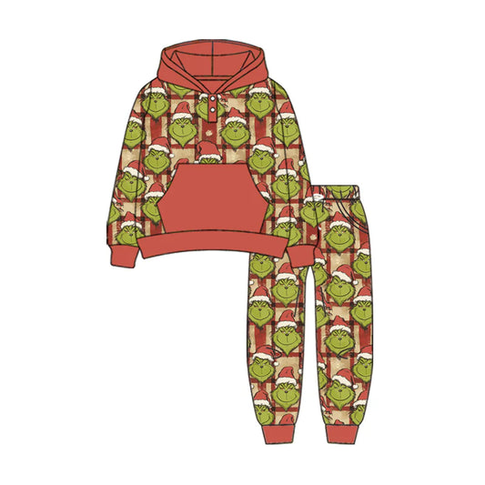 7.30Preorder(moq 5) Baby Boys Long Sleeves Green Face Plaid Pockets Button Hoodies Pants Set
