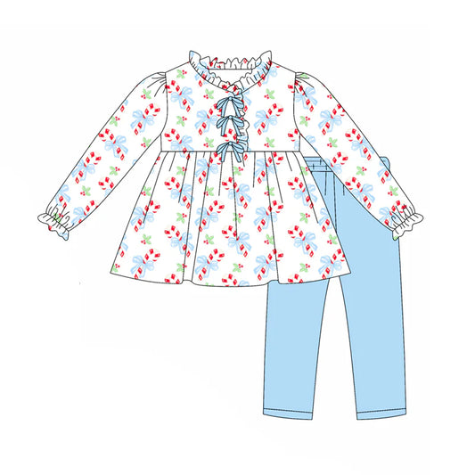 7.31preorder(moq 5) Baby Girls Long Sleeves Blue Candy Cane Holly Tunic Legging Pants Set