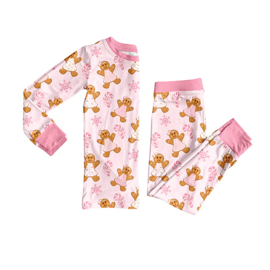 7.10Preorder (moq 5)Baby Girls Long Sleeves Pink Bows Gingerbread Top Pant Pajamas Clothes Set
