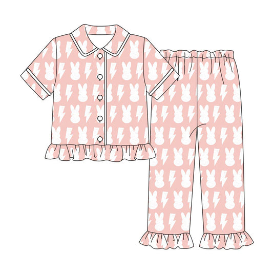 X919Preorder (moq 5)Baby Girls Rabbits Lights Button Top Ruffle Pants Easter Pajamas Sets