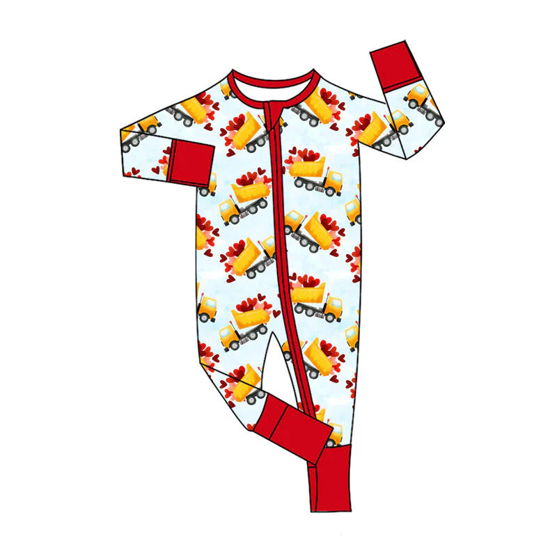 X11.12Preorder (moq 5)Baby Boys Hearts Trucks Valentines Two Way Zip Convertible Rompers