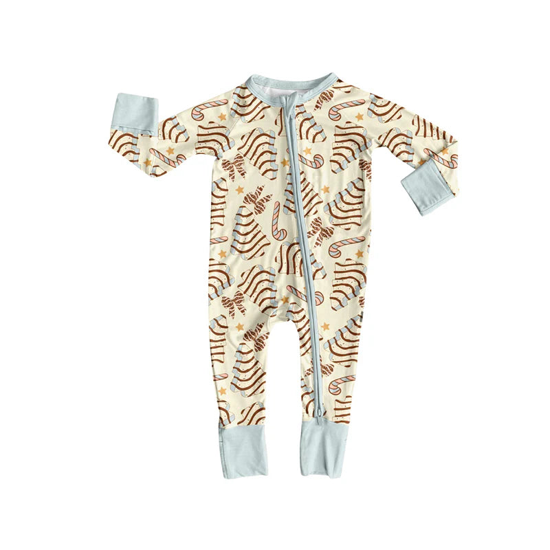 7.15Preorder (moq 5)Baby Girls Long Sleeves Yellow Trees Bows Candy Cane Zipper Romper