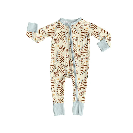 7.15Preorder (moq 5)Baby Girls Long Sleeves Yellow Trees Bows Candy Cane Zipper Romper