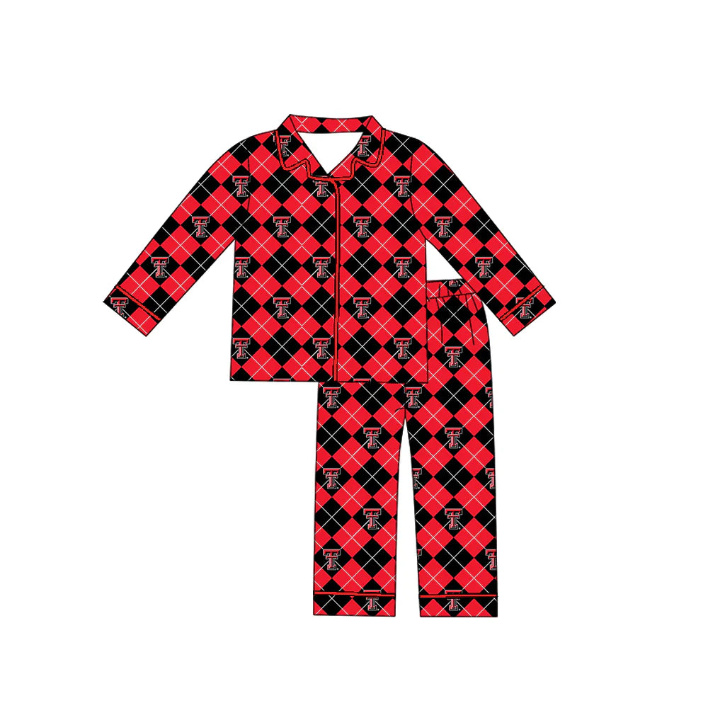 X902Preorder moq 5 Baby Boys Texas Tech Team Buttons Red Checkered Top Pants Pajamas Clothes Sets