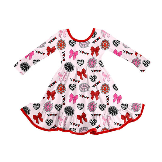 X908Preorder (moq 5)Baby Girls Bows Turquoises XOXO Hearts Valentine Ruffle Knee Length Dress