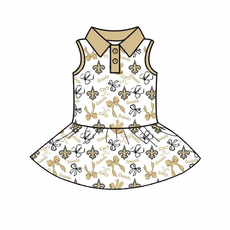 6.30Preorder (moq 5)Baby Girls Yellow Sleeveless Bows Plaid Saints Button Team Knee Length Dresses