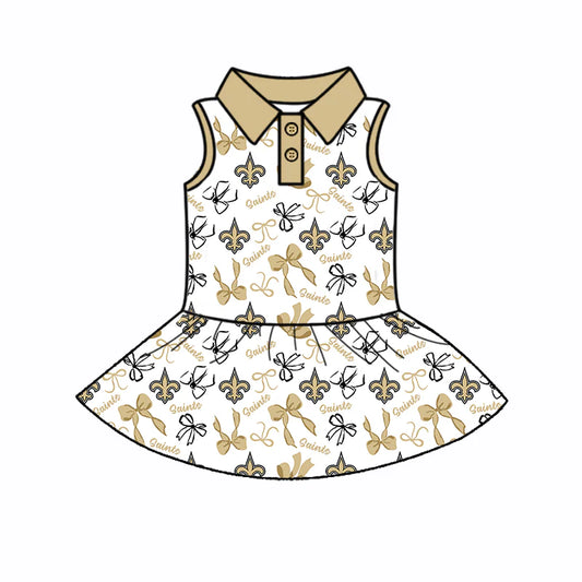 6.30Preorder (moq 5)Baby Girls Yellow Sleeveless Bows Plaid Saints Button Team Knee Length Dresses