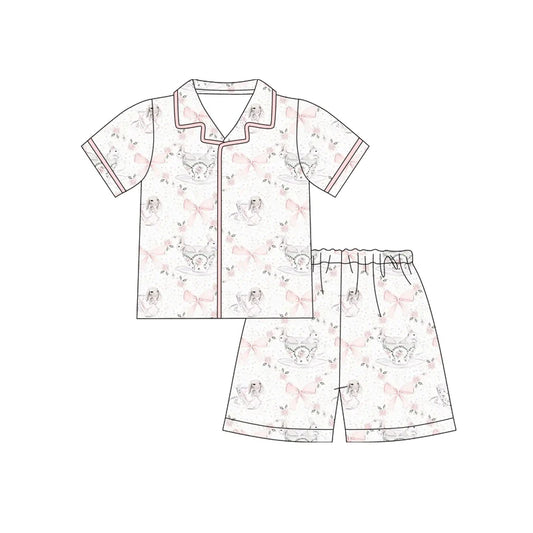 X12.18 Preorder (moq 5)Baby Girls Pink Bows Rabbits Checked Button Top Shorts Easter Pajamas Sets