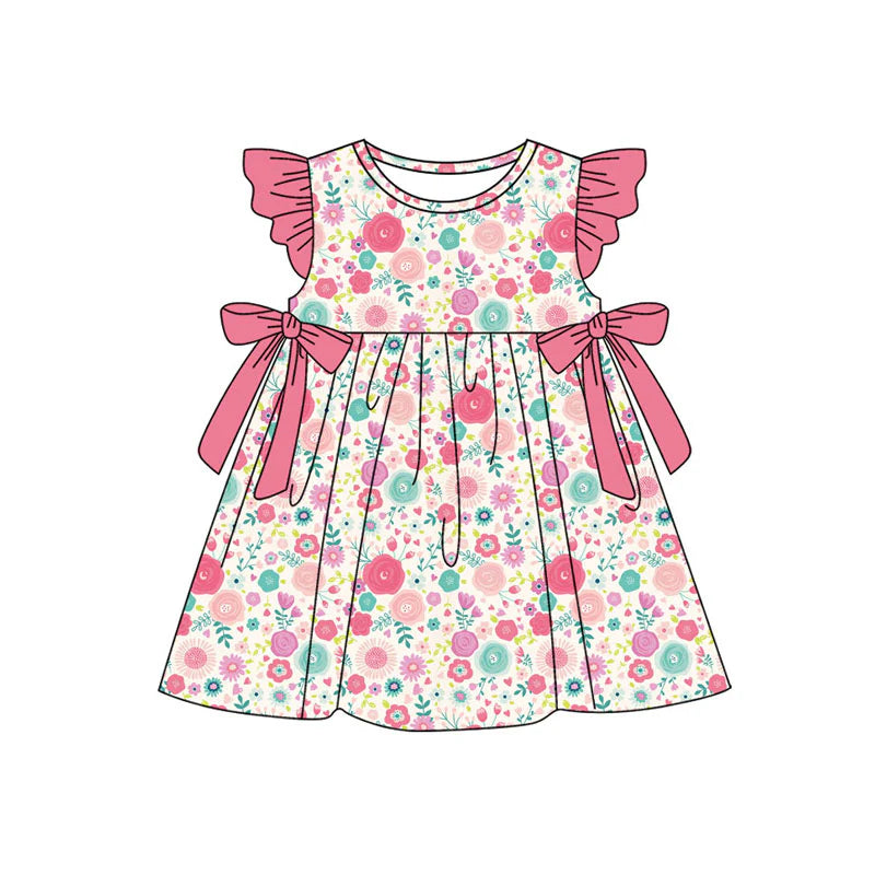 X11.12 Preorder(moq 5) Baby Girls Flutter Sleeve Colorful Flowers Bows Ruffle Knee Length Dresses