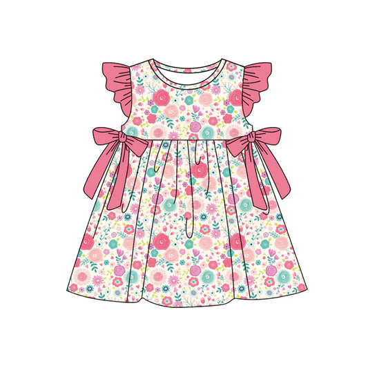 X11.12 Preorder(moq 5) Baby Girls Flutter Sleeve Colorful Flowers Bows Ruffle Knee Length Dresses