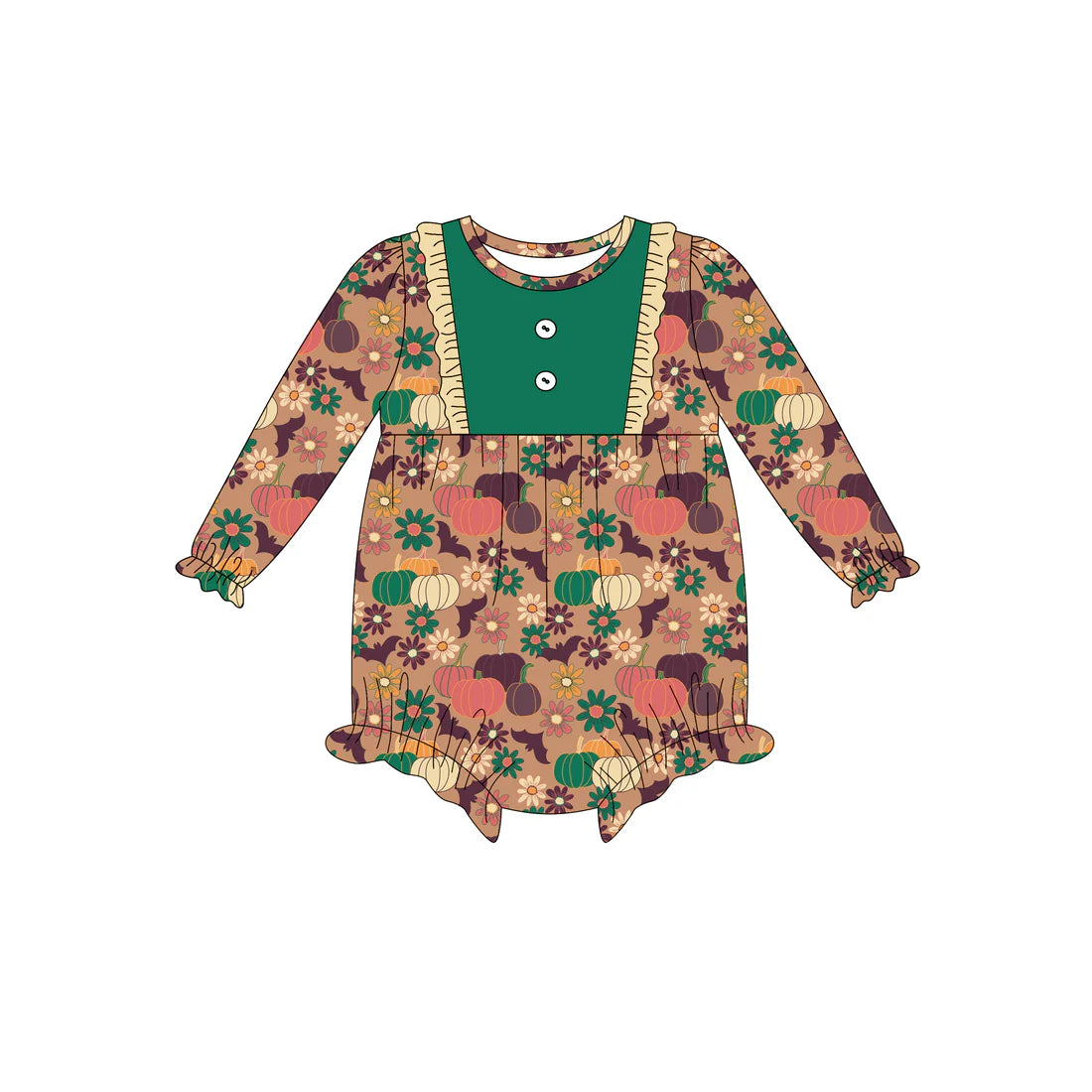 7.15Preorder (moq 5)Baby Girls Long Sleeves Pumpkins Flowers Bats Button Ruffle Romper