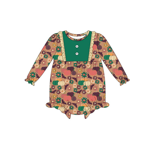 7.15Preorder (moq 5)Baby Girls Long Sleeves Pumpkins Flowers Bats Button Ruffle Romper