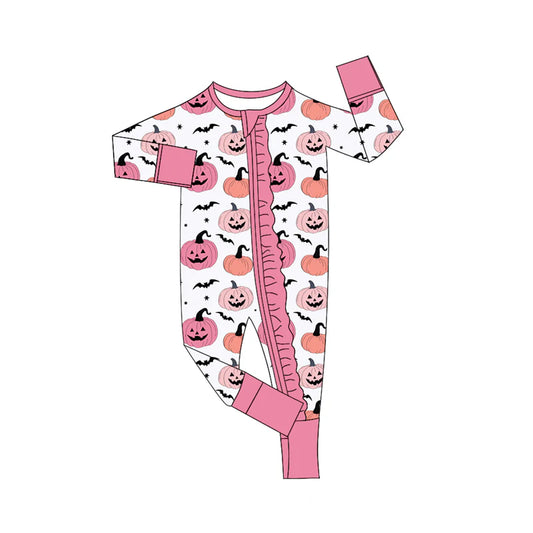 7.15Preorder (moq 5)Baby Girls Long Sleeves Ghost Pumpkins Bats Plaid Ruffle Zipper Romper