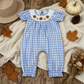 NEW RTS NO MOQ milk silk SR4276 Smocked Turkey Pumpkins Baby Girls Thanksgiving Blue Checked Pant Rompers