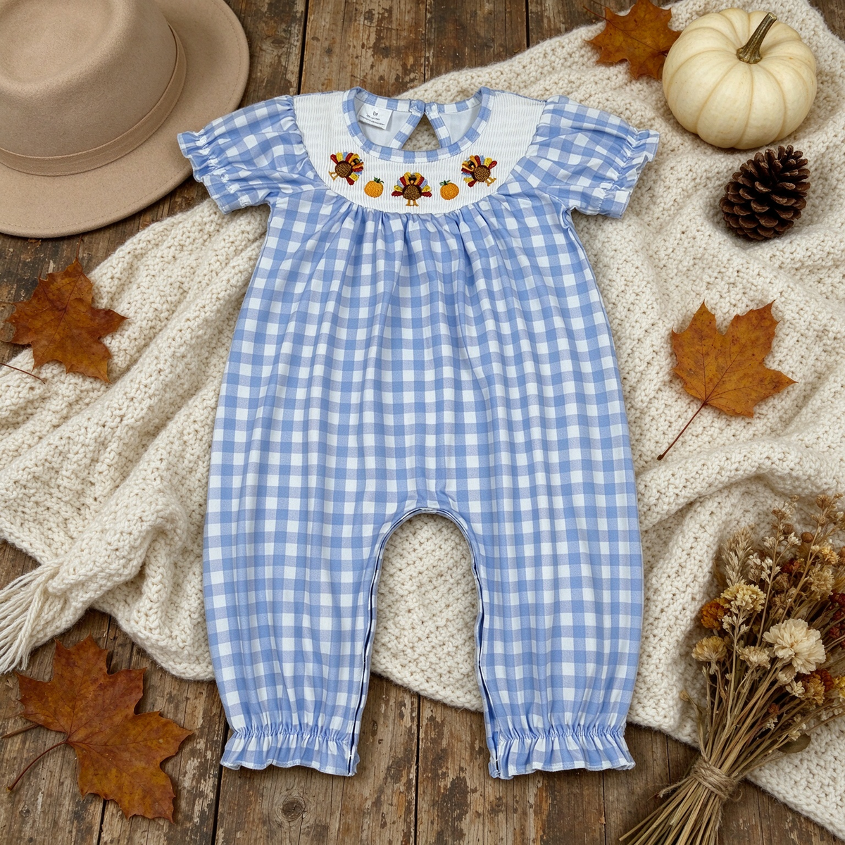 NEW RTS NO MOQ milk silk SR4276 Smocked Turkey Pumpkins Baby Girls Thanksgiving Blue Checked Pant Rompers