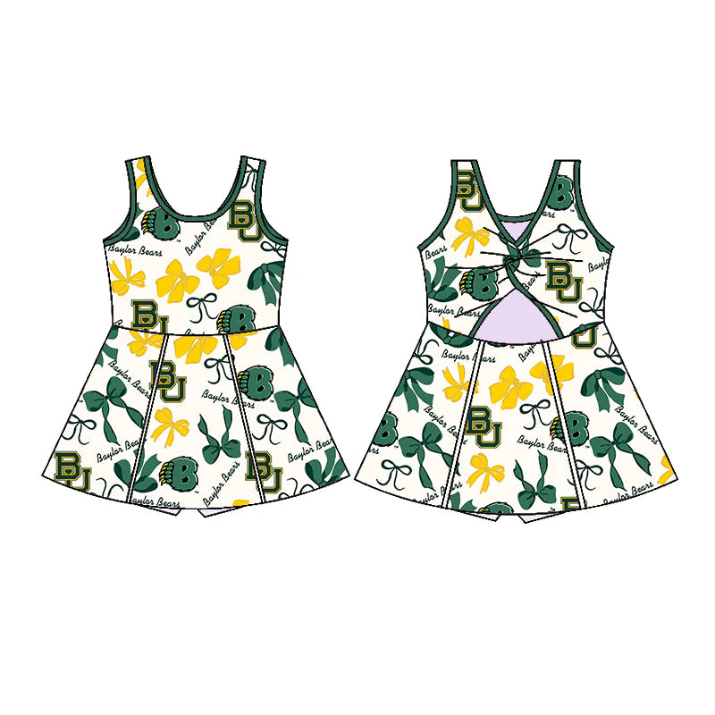 6.28Preorder (moq 5)Baby Girls Sleeveless Green Bows Plaid BU Short Team Knee Length Dresses
