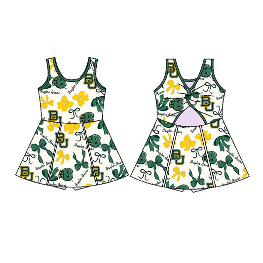 6.28Preorder (moq 5)Baby Girls Sleeveless Green Bows Plaid BU Short Team Knee Length Dresses
