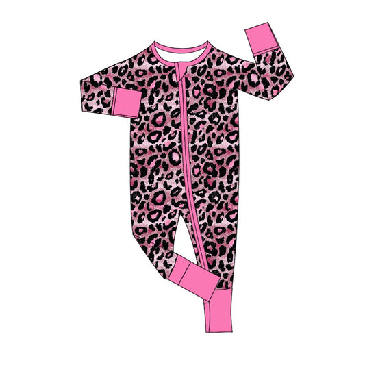 X920 Preorder (moq 5)Baby Girls Pink Black Leopard Zipper Footie Rompers