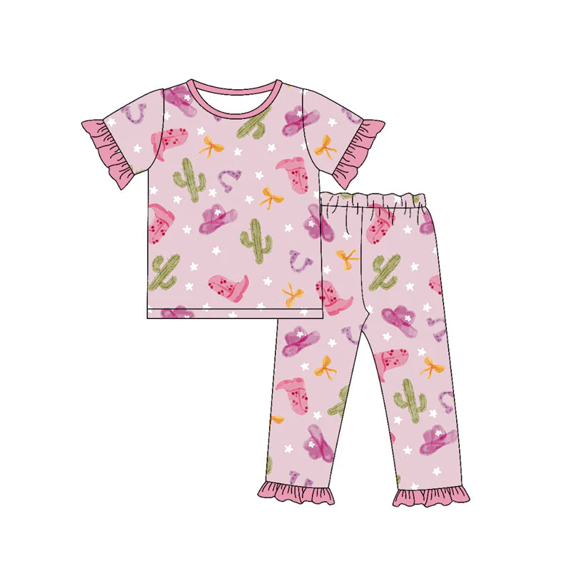X1.15 Preorder (moq 5)Baby Girls Cactus Boots Hats Top Ruffle Pants Western Pajamas Sets