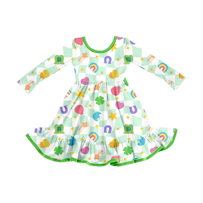 X909Preorder (moq 5)Baby Girls Green Checked Clovers Stars St Patrick Ruffle Knee Length Dresses