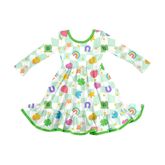 X909Preorder (moq 5)Baby Girls Green Checked Clovers Stars St Patrick Ruffle Knee Length Dresses