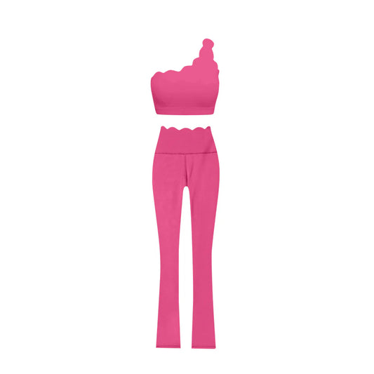 6.28Preorder (moq 5)Baby Girls Bright Pink One Shoulder Scallop Top Bell Bottom Pants Yoga Sets
