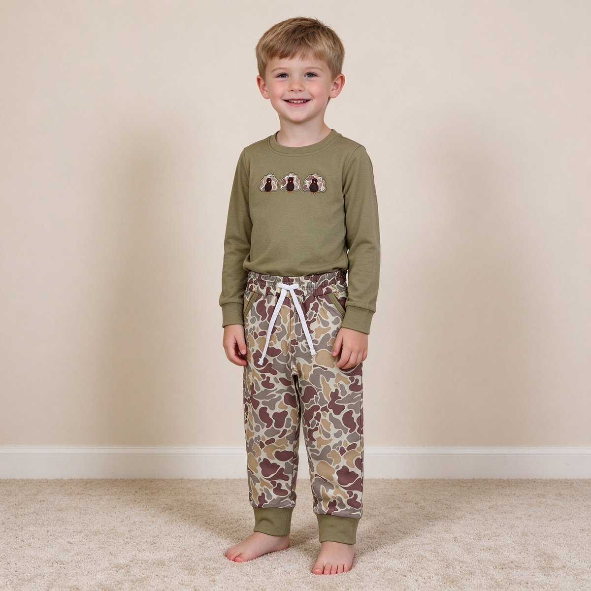 NEW RTS NO MOQ milk silk BLP1474 Embroidery Camo Turkey Baby Boys Top Pockets Jogger Thanksgiving Clothes Sets