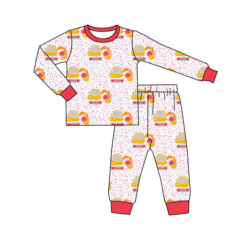 X11.13 Preorder(moq 5) Baby Girls Hearts Excavators Polka Dots Top Pants Valentines Pajamas Sets