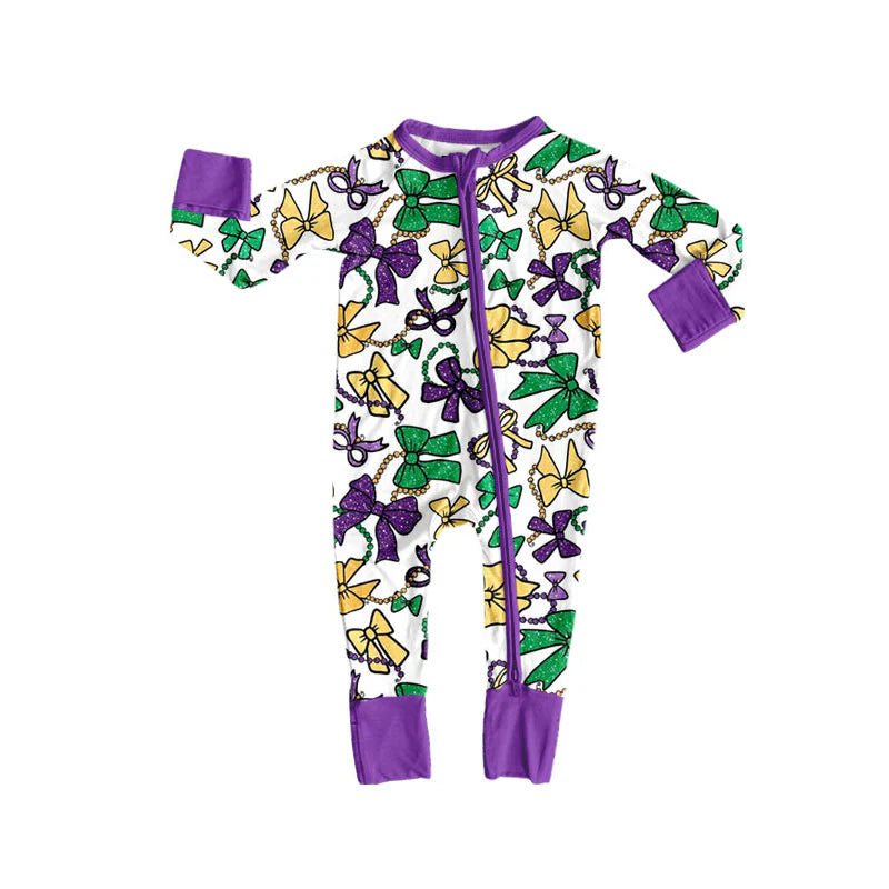 X924Preorder (moq 5)Baby Girls Purple Yellow Green Bows Mardigras Zipper Footie Rompers