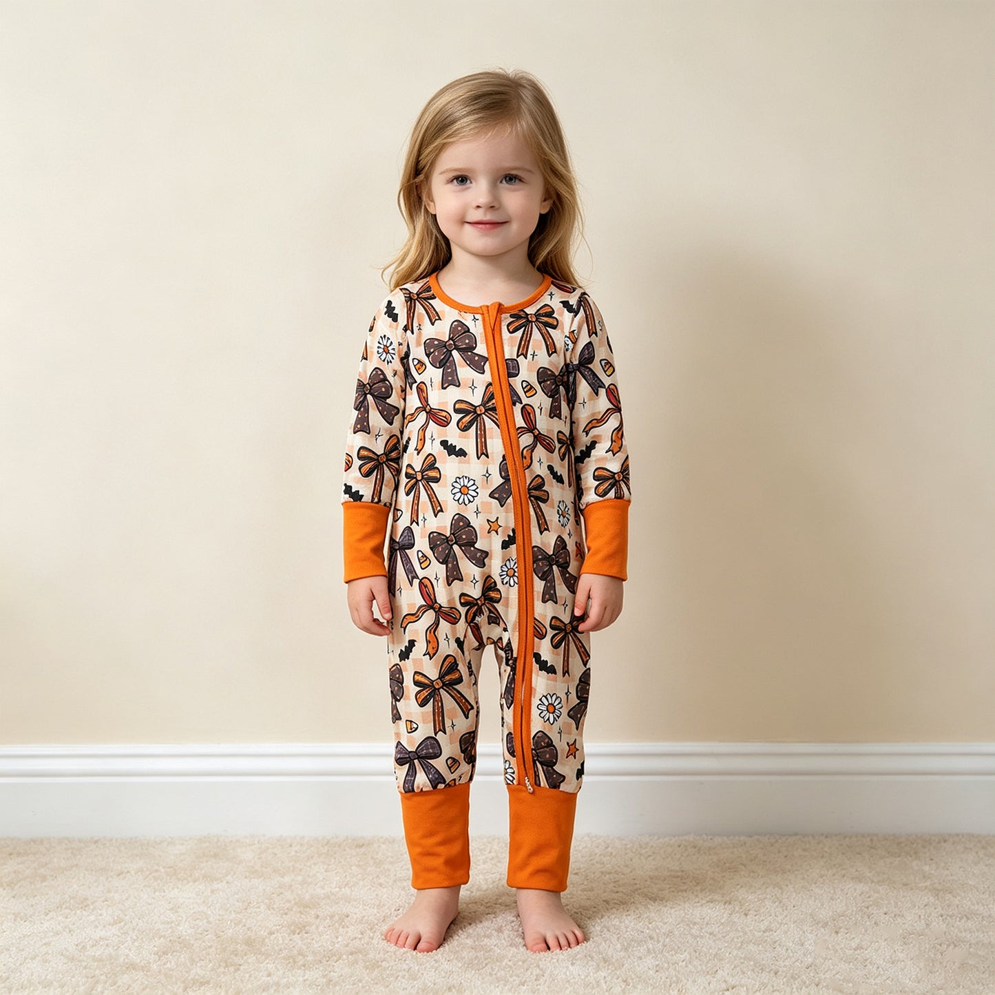 NEW RTS NO MOQ milk silk LR3161 Baby Girls Halloween Bow Floral Print Two Way Zip Front Convertible Romper