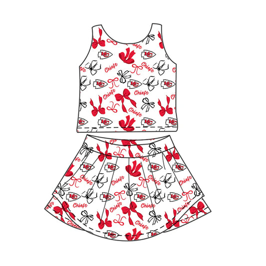 6.30Preorder (moq 5)Baby Girls Sleeveless Red Bows Plaid KC Top Skorts Team Set