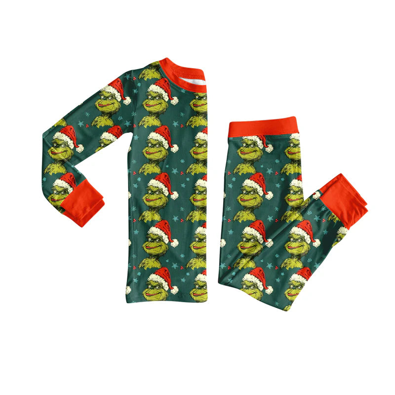 8.8Preorder(moq 5) Baby Girls Green Face Stars Stripe Top Pants Christmas Pajamas Set