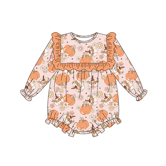 7.15Preorder (moq 5)Baby Girls Pink Long Sleeves Flower Pumpkins Plaid Ruffle Romper
