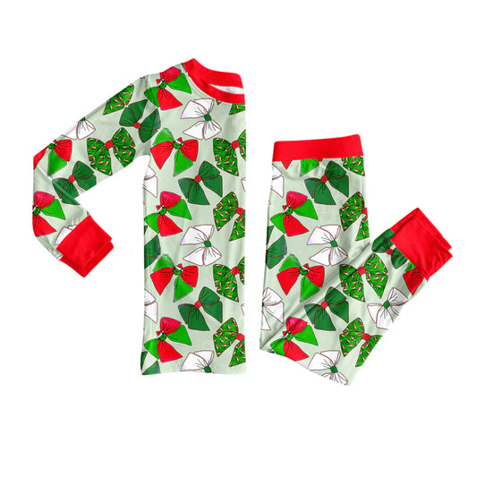 X917Preorder (moq 5)Baby Girls Long Sleeves Green Bows Plaid Top Pants Pajamas Set