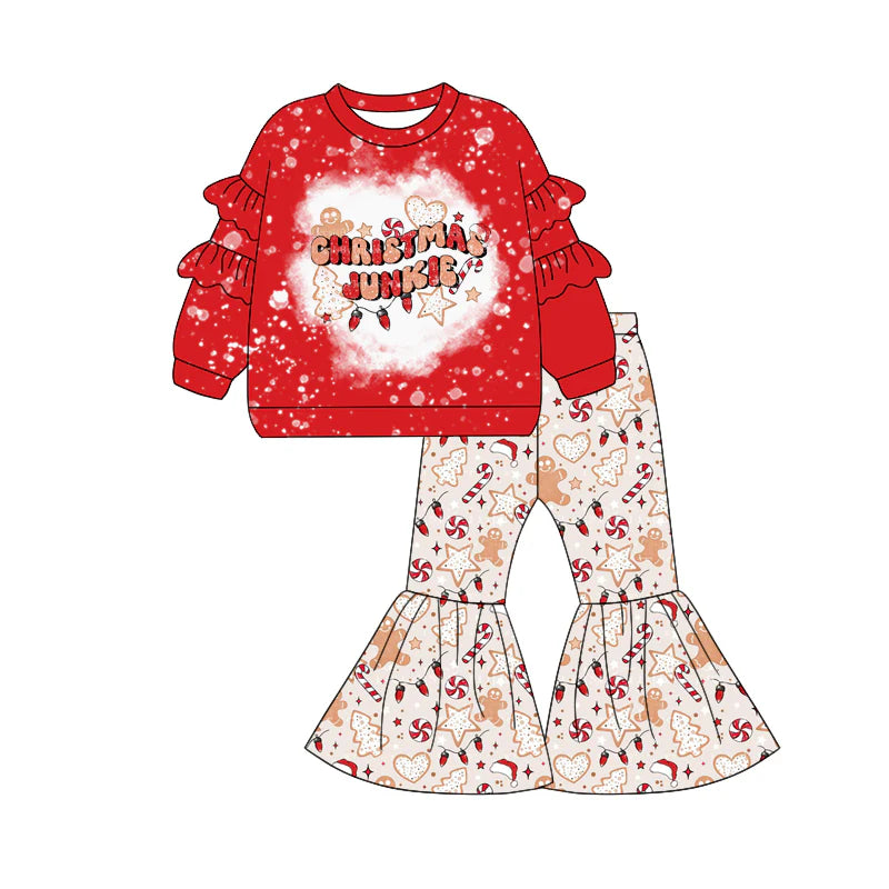 7.10Preorder (moq 5)Baby Girls Long Sleeves Red Christmas Junkie Top Bell Bottom Pant Clothes Set