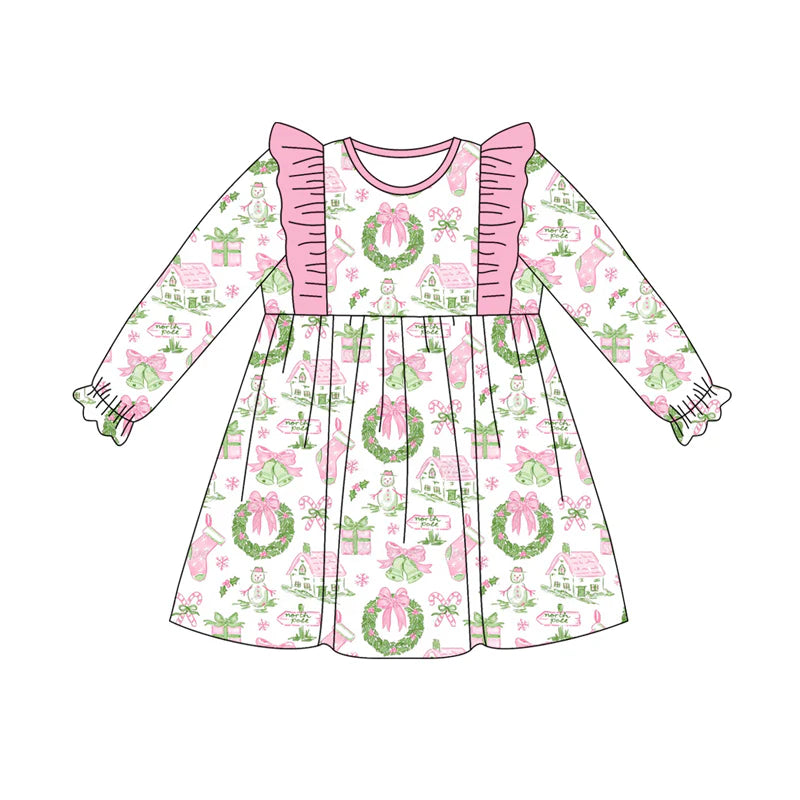 7.21Preorder (moq 5)Baby Girls Long Ruffle Sleeves Holly Snowman Plaid Knee Length Dresses