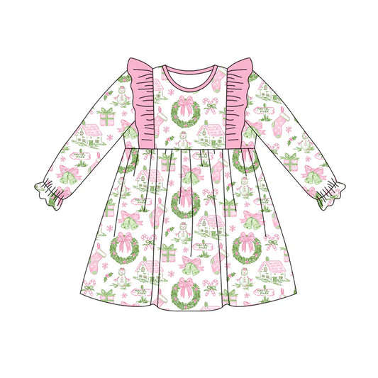 7.21Preorder (moq 5)Baby Girls Long Ruffle Sleeves Holly Snowman Plaid Knee Length Dresses